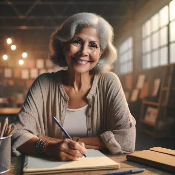 Senior woman smiling with journal and pen, creative writing workshop setting