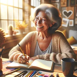 Senior woman joyfully writing in a notebook at a cozy desk with coffee mug and creative materials