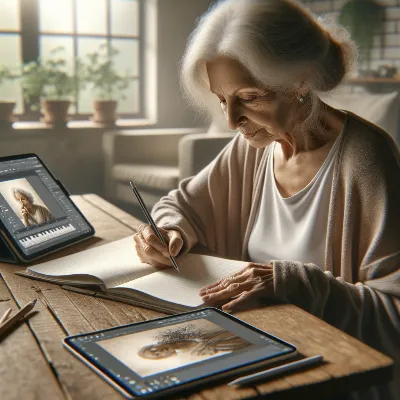 Senior woman enjoying creative writing with a digital guide beside her, cozy home setting