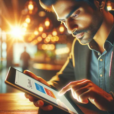 Senior using a tablet to submit a writing form in a bright setting