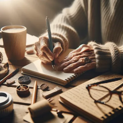 Close-up of a senior’s hands writing in a notebook surrounded by creative writing prompts and coffee cup, cozy workspace