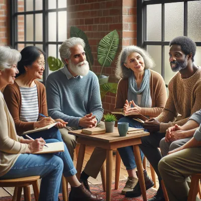 Photorealistic image of a diverse group of seniors engaged in a fiction writing workshop, lively discussion, cozy atmosphere